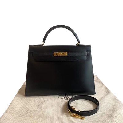 HermèS Kelly 32 प्रीलव्ड ब्रांडेड बैग ब्लैक एप्सम सेलियर गोल्ड हार्डवेयर बॉक्स ब्लैक