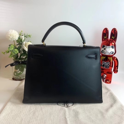 HermèS Kelly 32 प्रीलव्ड ब्रांडेड बैग ब्लैक एप्सम सेलियर गोल्ड हार्डवेयर बॉक्स ब्लैक