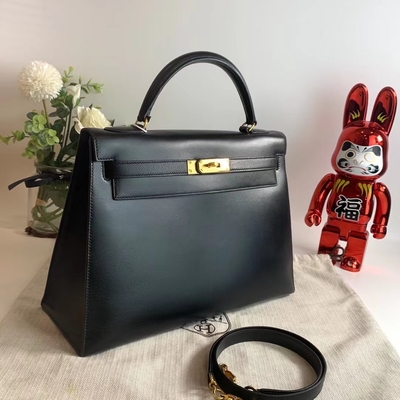 HermèS Kelly 32 प्रीलव्ड ब्रांडेड बैग ब्लैक एप्सम सेलियर गोल्ड हार्डवेयर बॉक्स ब्लैक