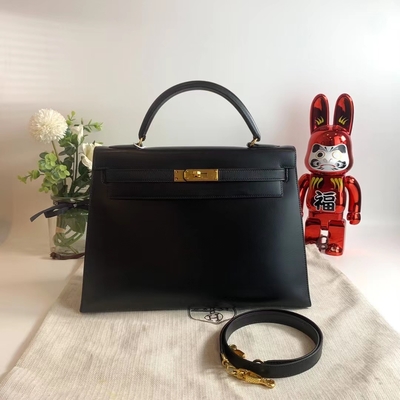 HermèS Kelly 32 प्रीलव्ड ब्रांडेड बैग ब्लैक एप्सम सेलियर गोल्ड हार्डवेयर बॉक्स ब्लैक